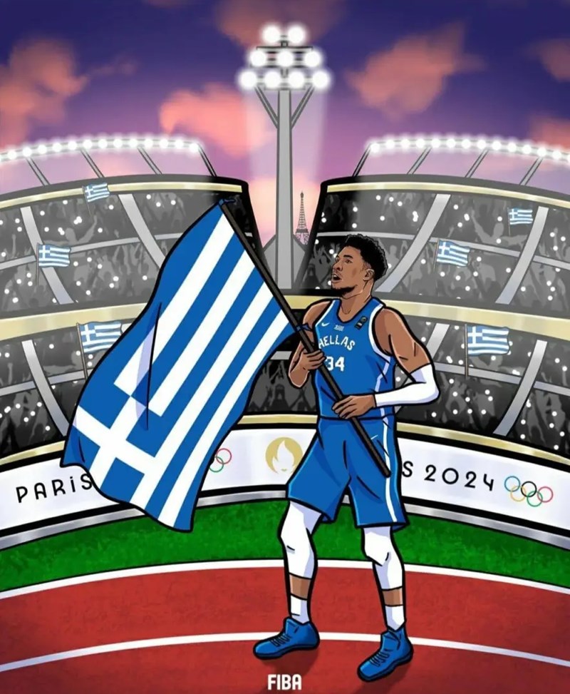 γιάννης αντετοκούνμπο με λάθος σχεδιασμένη ελληνική σημαία στα χέρια σε γελοιογραφία