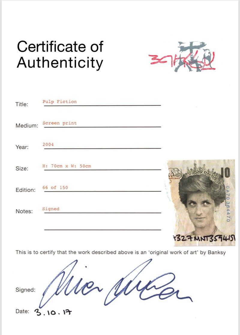Banksy πιστοποιητικό γνησιότητας