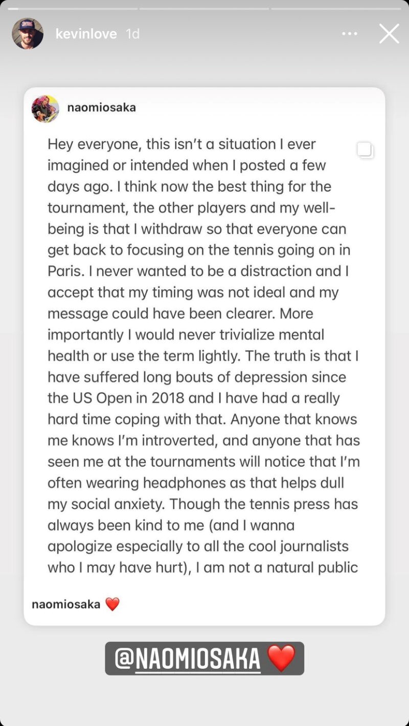 KEVIN LOVE NAOMI OSAKA INSTAGRAM STORY