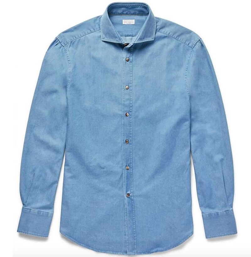 Slim-Fit Cutaway-Collar Washed-Denim